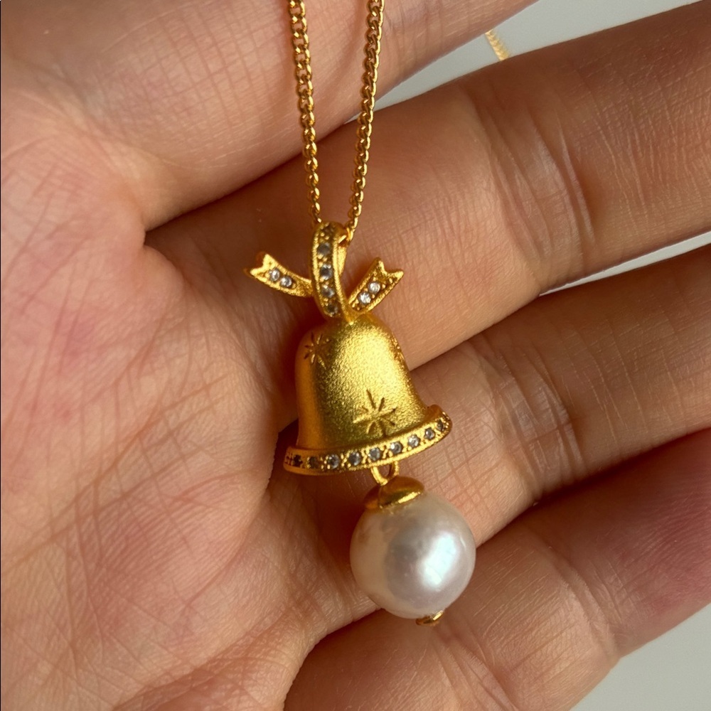 Gold-Plated Christmas Bell Pendant with Freshwater Pearl| Christmas jewelry gift - Picture 2 of 8